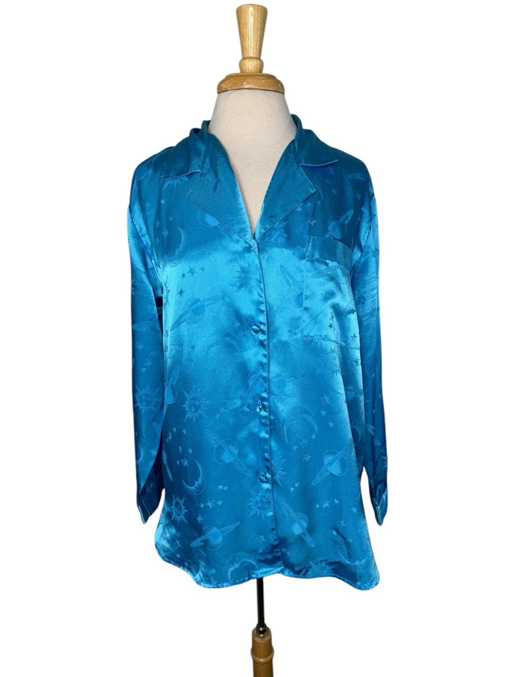 Vintage Blue Satin Celestial Blouse Size Medium Women Moon Stars Sun Planets
